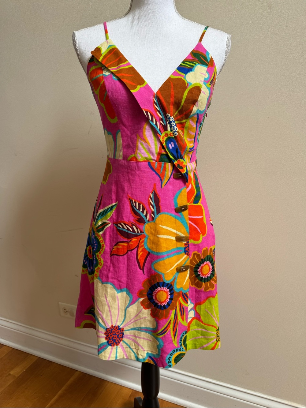 FARM Rio Pink Linen Floral Wrap-Style Mini Dress - Picture 2 of 9